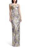 Dress The Population Goldie Embroidered Flower & Sequin Column Gown In Lilac Multi