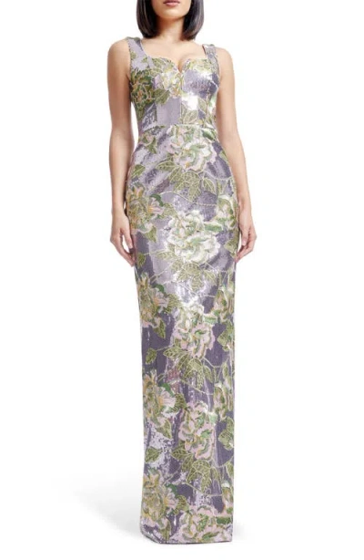Dress The Population Goldie Embroidered Flower & Sequin Column Gown In Lilac Multi