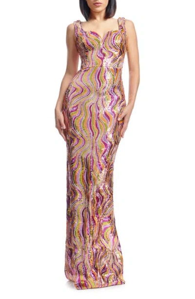 Dress The Population Goldie Wavy Sequin Column Gown In Bright Fuchsia