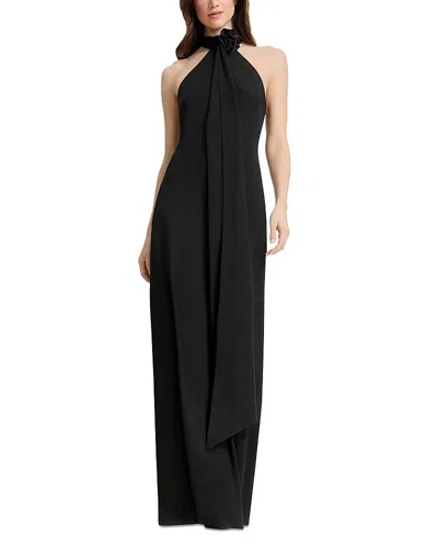 Dress The Population Halter Mock Neck Sheath Gown With Extended Neck Drape In Black