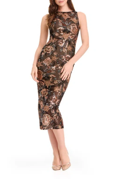 Dress The Population Helena Sequin Floral Cocktail Sheath Dress In Brown