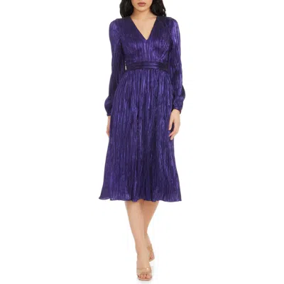 Dress The Population Holly Long Sleeve Metallic Plissé Dress In Deep Plum