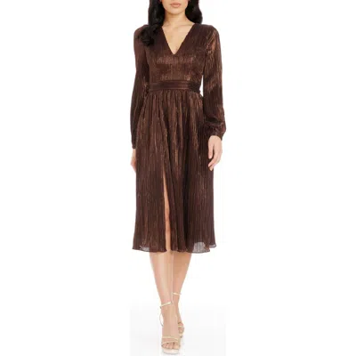 Dress The Population Holly Long Sleeve Metallic Plissé Dress In Mocha