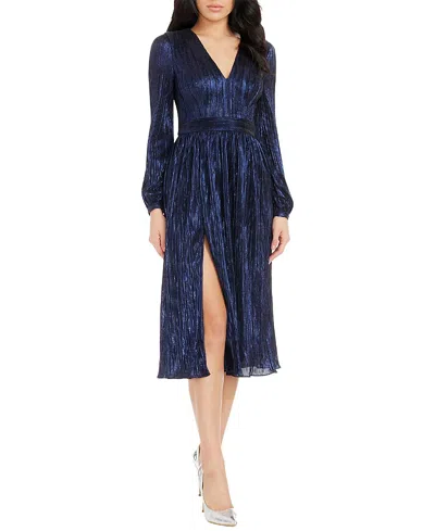 Dress The Population Holly Long Sleeve V-neck Metallic Pleated Midi Dress In Midnight Blue
