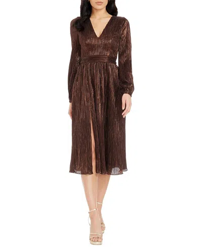Dress The Population Holly Long Sleeve V-neck Metallic Pleated Midi Dress In Mocha
