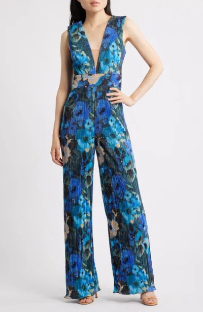 Dress The Population Hunter Floral Print Plissé Sleeveless Jumpsuit In Blue