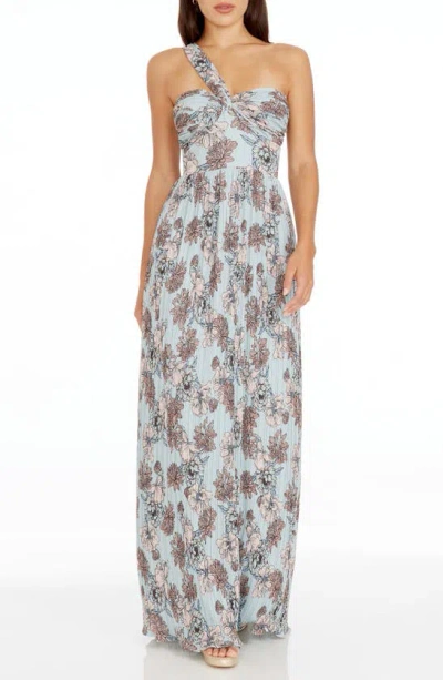 Dress The Population Idalia Floral One-shoulder Gown In Sage Multi