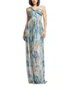 Dress The Population Idalia Metalllic Abstract Floral Print One-shoulder Gown In Pale Blue