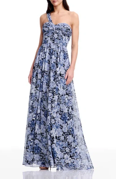 Dress The Population Idalia Metallic Floral One-shoulder Gown In Blue