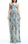 Dress The Population Idalia Metalllic Abstract Floral Print One-shoulder Gown In Pale Blue Multi