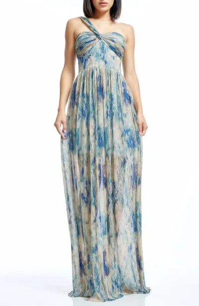 Dress The Population Idalia Metalllic Abstract Floral Print One-shoulder Gown In Pale Blue Multi