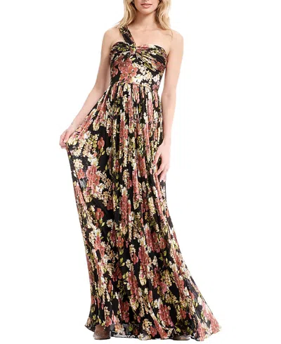 Dress The Population Idalia One Shoulder Abstract Floral Print Pleated Gown In Multi
