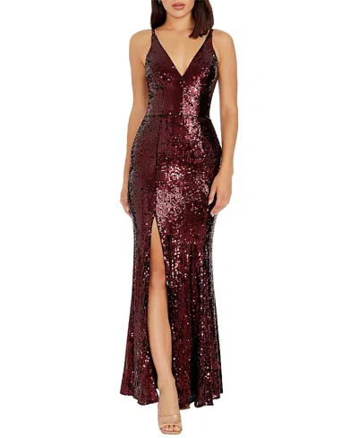 Dress The Population Iris V-neck Sequin High Slit Mermaid Gown In Burgundy