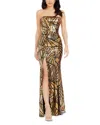 Dress The Population Janelle Abstract Print Sequin Strapless Trumpet Gown In Gold Multi
