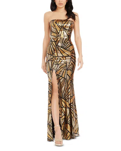 Dress The Population Janelle Abstract Print Sequin Strapless Trumpet Gown In Gold Multi