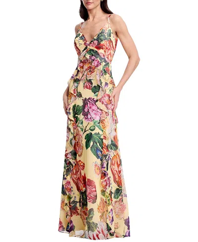 Dress The Population Jayden V-neck Floral Print Cascade Ruffle Gown In Golden Floral Multi