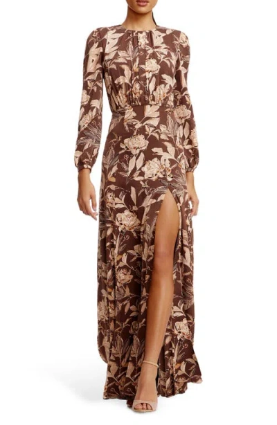 Dress The Population Joni Floral Long Sleeve Satin Gown In Mocha Multi