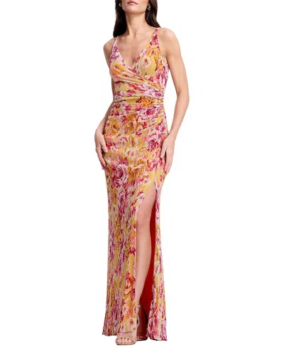 Dress The Population Jordan Plunge Neck Floral Print Ruched High Slit Gown In Brown