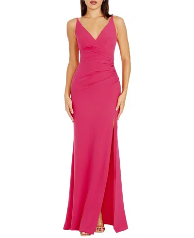 Dress The Population Jordan Plunge Neck Ruched High Slit Gown In Pink