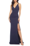 DRESS THE POPULATION JORDAN RUCHED SIDE SLIT GOWN