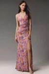 Dress The Population Jordan V-neck Ruched Fitted Maxi Dress In Pink