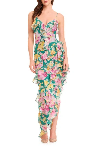 Dress The Population Josefina Metallic Floral Ruffle Detail Gown