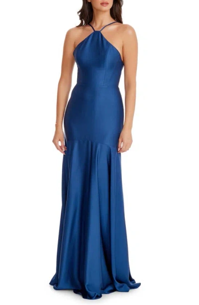 Dress The Population Justine Halter Satin Trumpet Gown In Blue