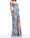 Dress The Population Kai Floral Metallic Clip Dot Strapless Gown In Multi