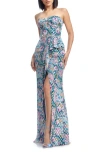 Dress The Population Kai Floral Metallic Clip Dot Strapless Gown In Capri Multi