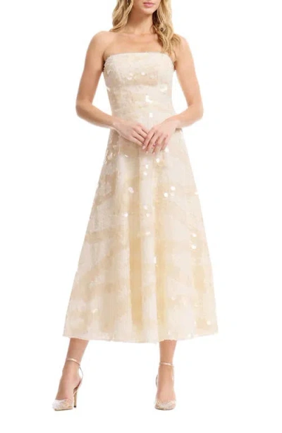 Dress The Population Kailyn Strapless Disc Sequin Floral A-line Midi Dress In Neutral