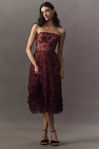 Dress The Population Kailyn Strapless Embroidered Lace Fit & Flare Midi Dress In Red