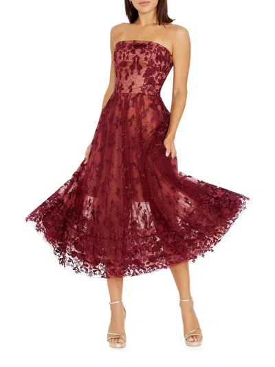 Dress The Population Kailyn Strapless Midi Dress In Burgundy / Nude In Red