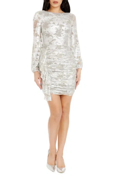 Dress The Population Kat Metallic Floral Long Sleeve Cocktail Minidress In Ivory Multi