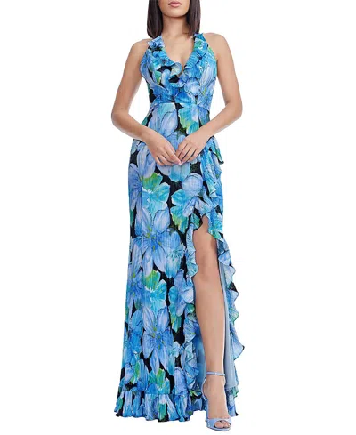 Dress The Population Kathleen Halter Plunge Floral Print Ruffle Slit Gown In Blue