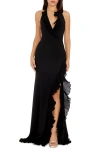 Dress The Population Kathleen Ruffle Halter Gown With Train In Black