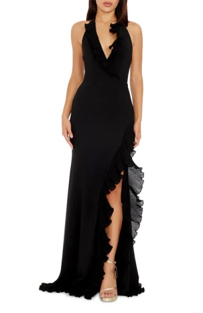 Dress The Population Kathleen Ruffle Halter Gown With Train In Black