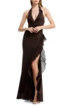 Dress The Population Kathleen Ruffle Halter Gown With Train In Brown