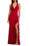 Dress The Population Kathleen Ruffle Halter Gown With Train In Burgundy