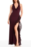 Dress The Population Kathleen Ruffle Halter Gown With Train In Burgundy