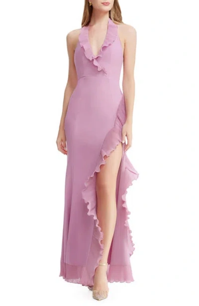 Dress The Population Kathleen Ruffle Halter Gown With Train In Lavender
