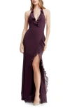 Dress The Population Kathleen Ruffle Halter Gown With Train In Purple