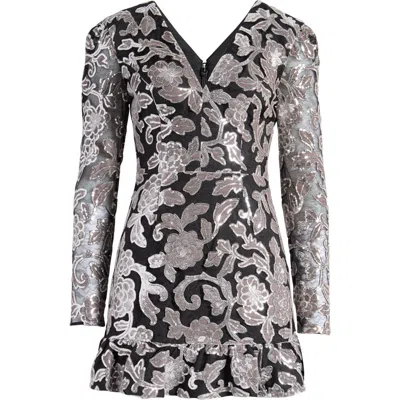 Dress The Population Kelsey Sequin Floral Long Sleeve Minidress In Dove-black