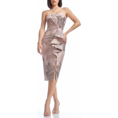 Dress The Population Kieron Metallic Floral Ruffle Detail Strapless Sheath Dress In Rose Gold Multi