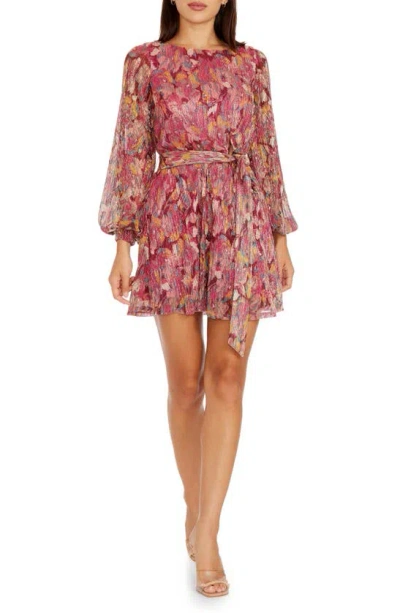Dress The Population Kirsi Long Sleeve Metallic Floral Minidress In Bright Fuchsia Multi