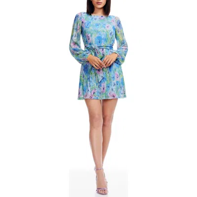 Dress The Population Kirsi Metallic Floral Long Sleeve Cocktail Minidress In Blue
