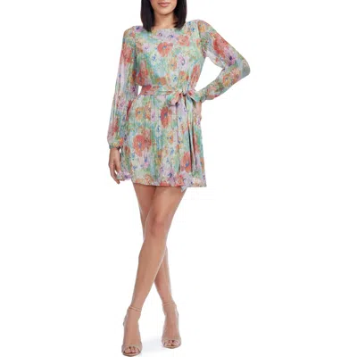 Dress The Population Kirsi Metallic Floral Long Sleeve Cocktail Minidress In Sage Multi