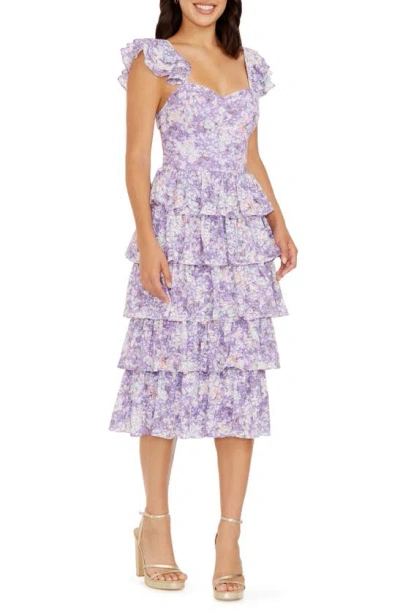 Dress The Population Kristen Floral Ruffle Tier Midi Dress In Lavender Multi