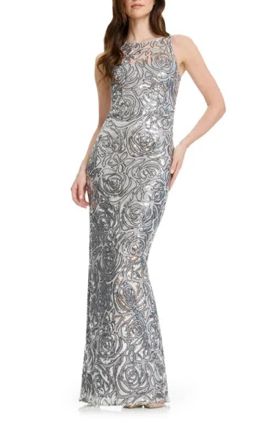 Dress The Population Laney Sequin Illusion Neck Column Gown In Multi