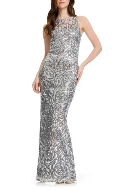 Dress The Population Laney Sequin Illusion Neck Column Gown In Silver Multi