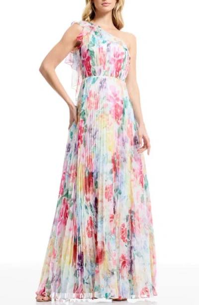 Dress The Population Sleeveless One Shoulder Ruffle Fit-and-flare Gown In Multi